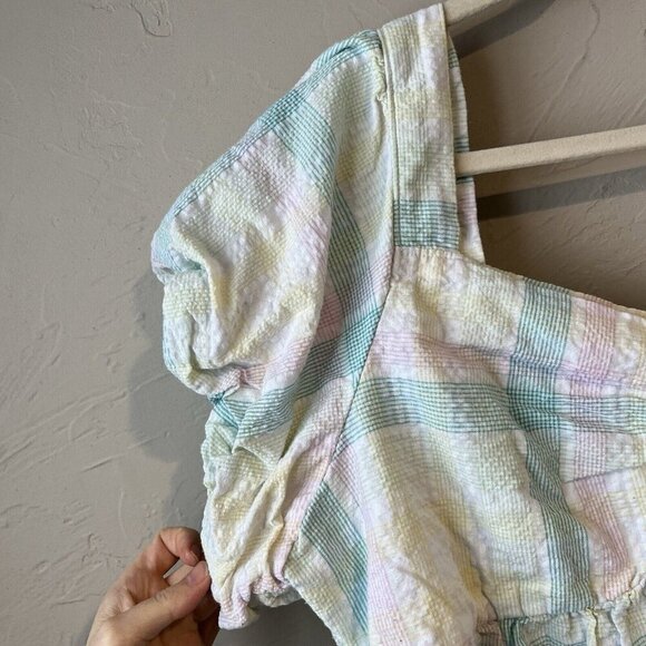 Puff-Sleeve Smocked Seersucker Babydoll Swing Blouse Women XL - Picture 4 of 9